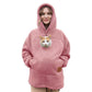 Lotus root pink fleece hoodie with hood and kangaroo pocket, cat face graphic on chest.