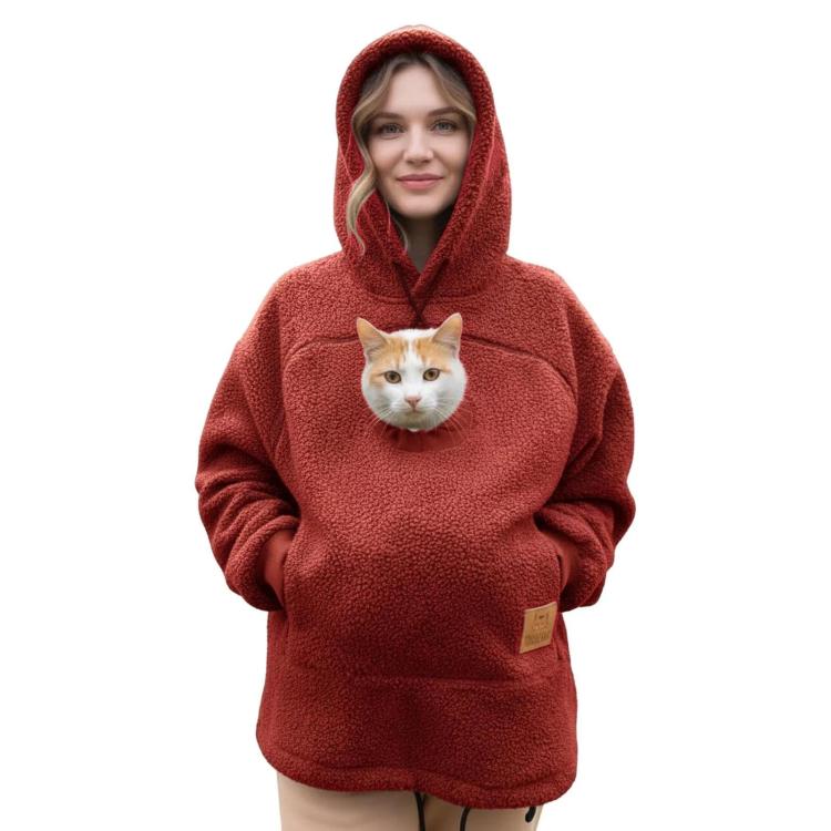 Red fleece hoodie with front pocket and cat face graphic at chest