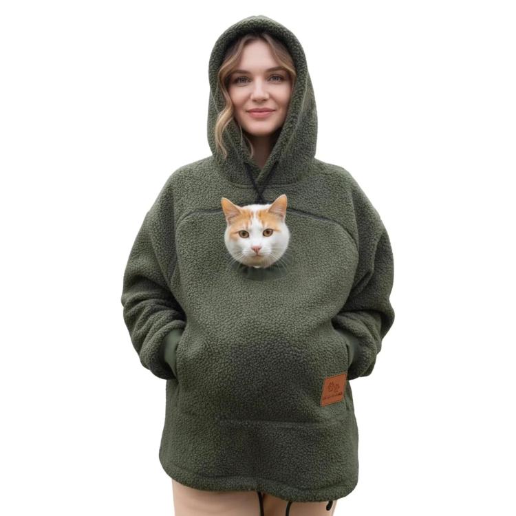 Dark olive fleece pullover hoodie with hood and kangaroo pocket, cat sitting on chest