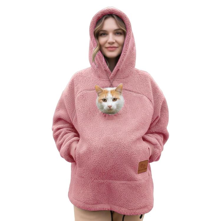 Dusty pink fleece pullover hoodie with hood and kangaroo pocket, cat sitting on chest