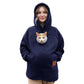 Deep navy fleece pullover hoodie with hood and kangaroo pocket, cat sitting on chest