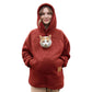 Burgundy red fleece pullover hoodie with hood and kangaroo pocket, cat sitting on chest