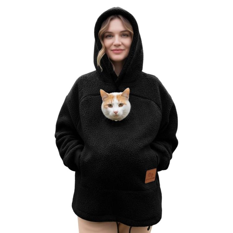 Black fleece pet hoodie with hood and front pouch, cat peeking from opening