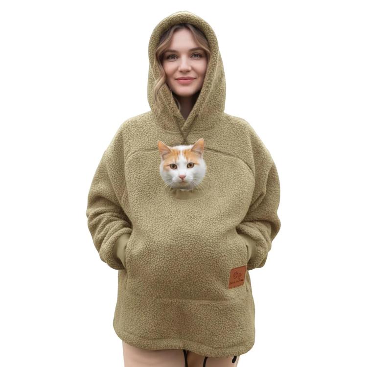 Khaki fleece pet hoodie with hood and front pouch, cat peeking from opening