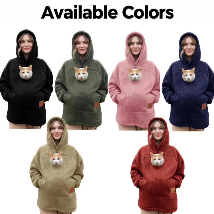 Fleece pet hoodies in multiple colors, with cat face peeking from opening