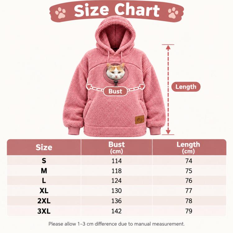Pink fleece pet hoodie with hood and front pouch, cat peeking from opening