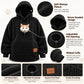 Black sherpa fleece pet hoodie with pet opening, drawstrings, and front pouch