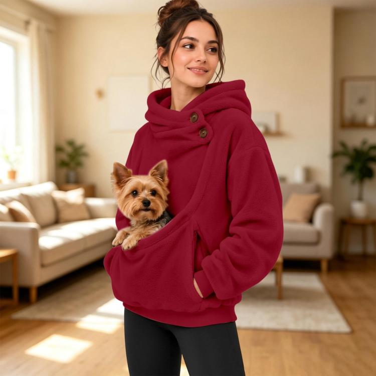 Pet-carrying fleece hoodie with hood and front pouch, wine red