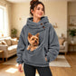 Pet-carrying fleece hoodie with hood and front pouch, gray