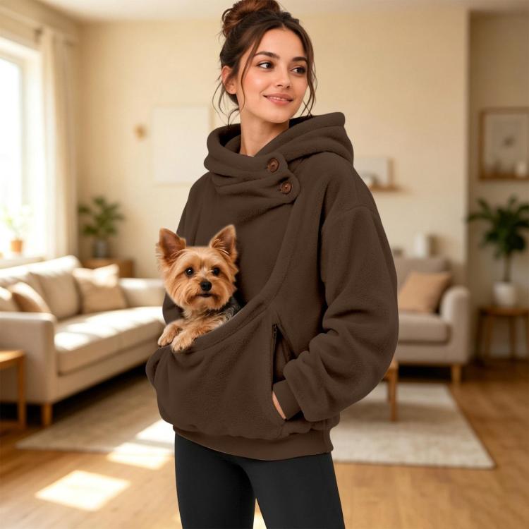 Pet-carrying fleece hoodie with hood and front pouch, dark brown