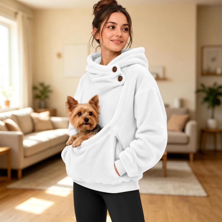 White fleece pet-carrying hoodie with kangaroo pouch and buttoned hood