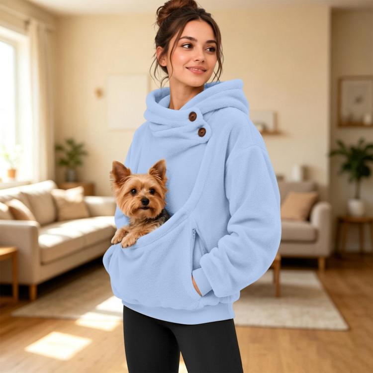 Fleece-lined pet-carry hoodie in light blue with front pouch and hood
