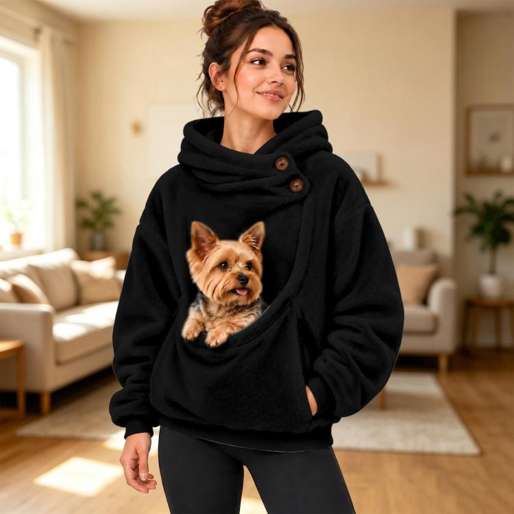 Fleece-lined pet-carry hoodie in black with front pouch and hood
