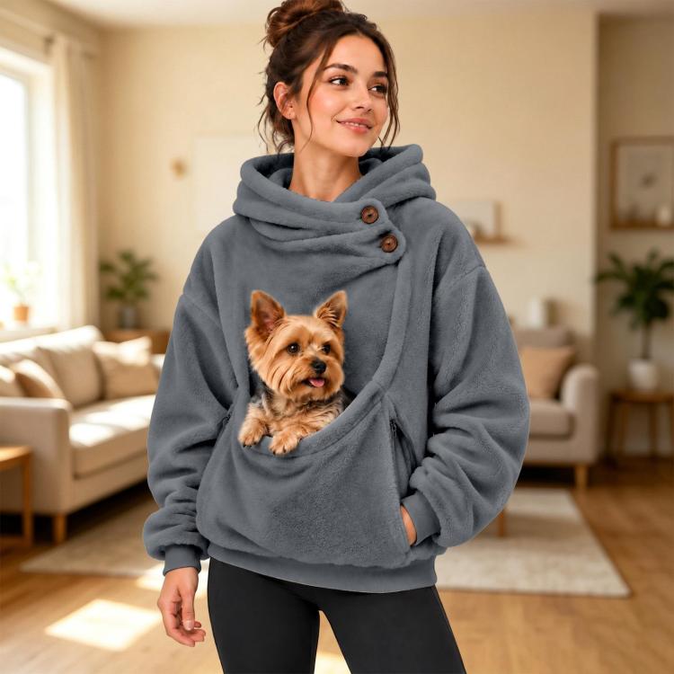 Fleece-lined pet-carry hoodie in gray with front pouch and hood