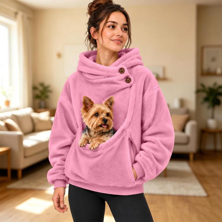 Fleece-lined pet-carrying hoodie, pink, zip-front and front pouch pocket