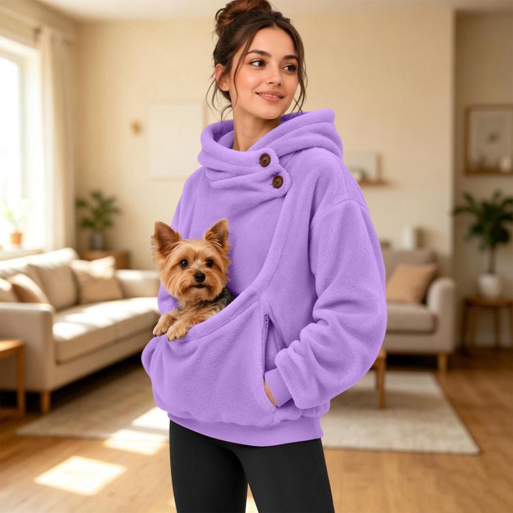 Fleece-lined pet-carrying hoodie, purple, zip-front and front pouch pocket