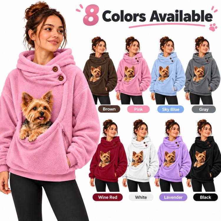 Pink fleece-lined pet-carrying hoodie with front zipper and pet pouch