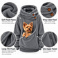 Gray fleece-lined pet hoodie with wrap-collar hood, snap buttons, side zipper pocket