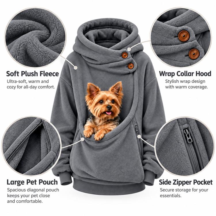 Gray fleece-lined pet hoodie with wrap-collar hood, snap buttons, side zipper pocket