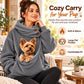 Gray pet-carrying hoodie with warm fleece lining, pet pouch front and hood buttons