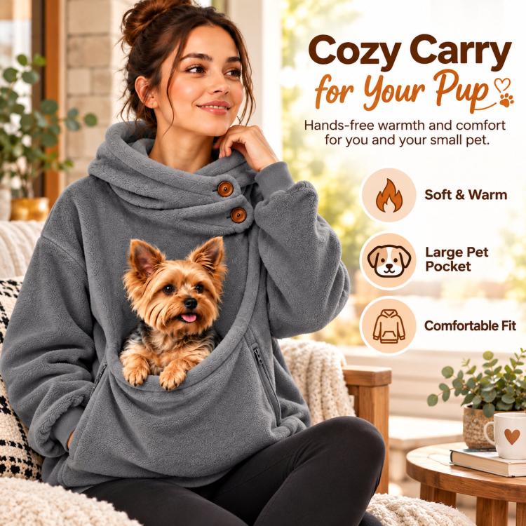 Gray pet-carrying hoodie with warm fleece lining, pet pouch front and hood buttons