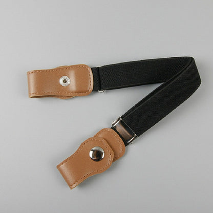 Children's elastic fabric belt with tan snap tabs and black strap, metal buckle.