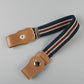 Children elastic snap belt with navy striped fabric and tan leather snap ends