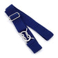 Navy blue elastic braided children’s belt with silver clasp rings and end loop