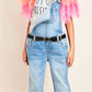 Kids dark adjustable belt with square pin buckle worn on denim jeans