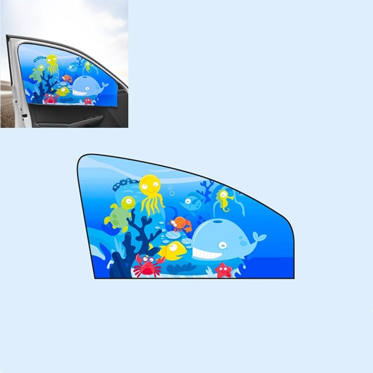 Car window magnetic sunshade with blue underwater sea-animal cartoon scene.