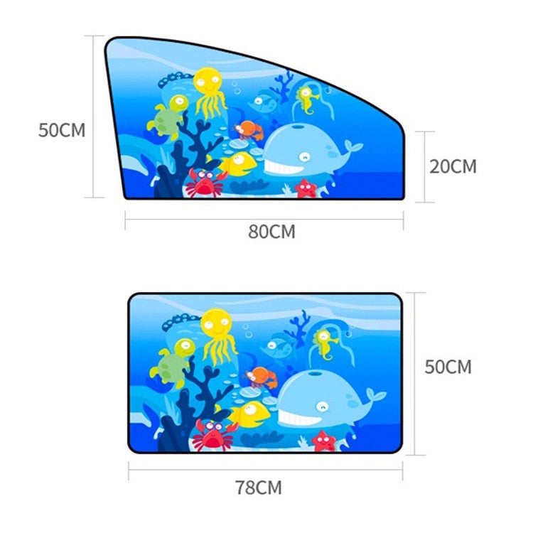 Blue underwater cartoon car sunshade with size labels: 80cm wide, 50cm tall.