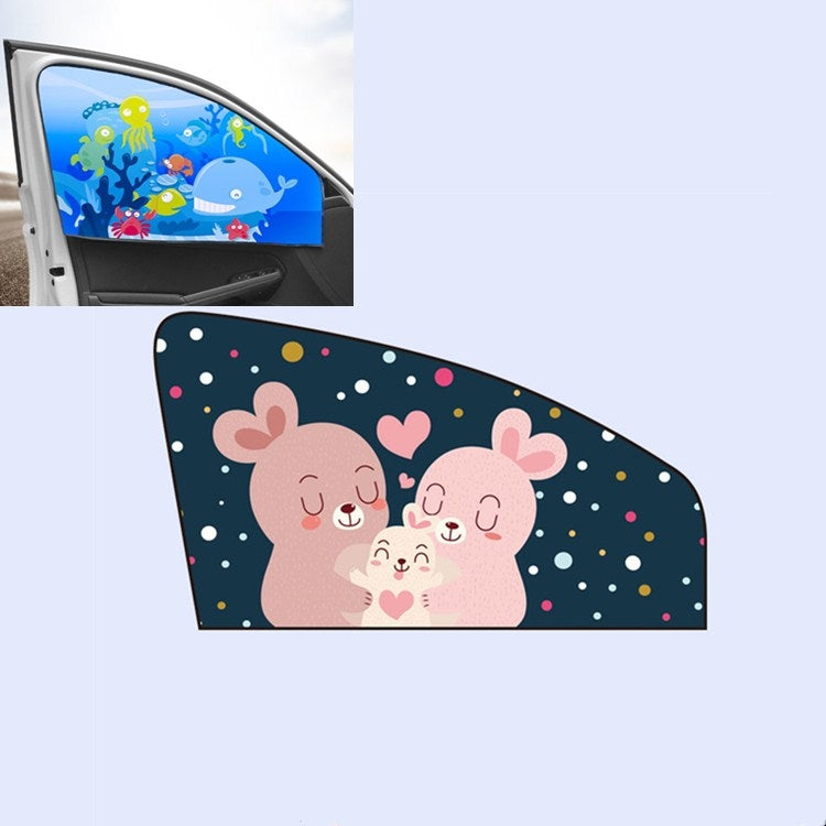 Rabbit-themed car window magnetic sunshade with cute characters and heart confetti.