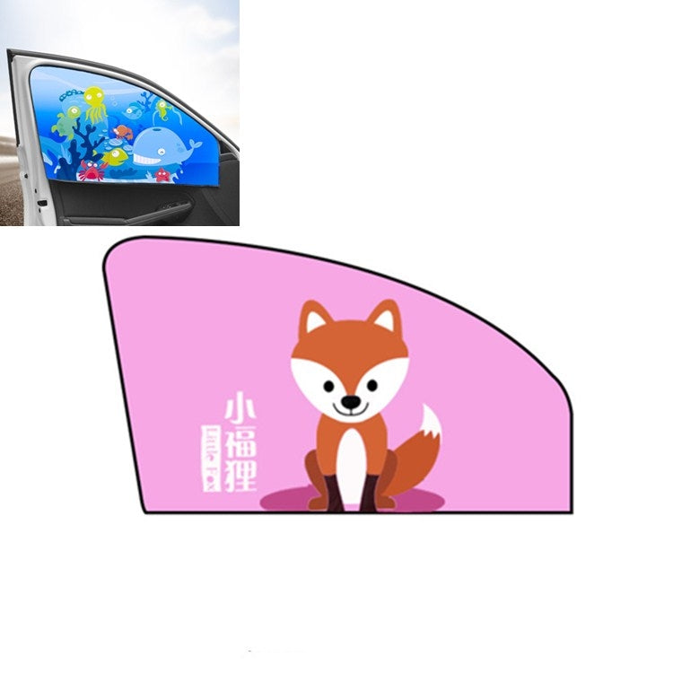 Pink fox cartoon magnetic sunshade for car side window with curved panel shape.