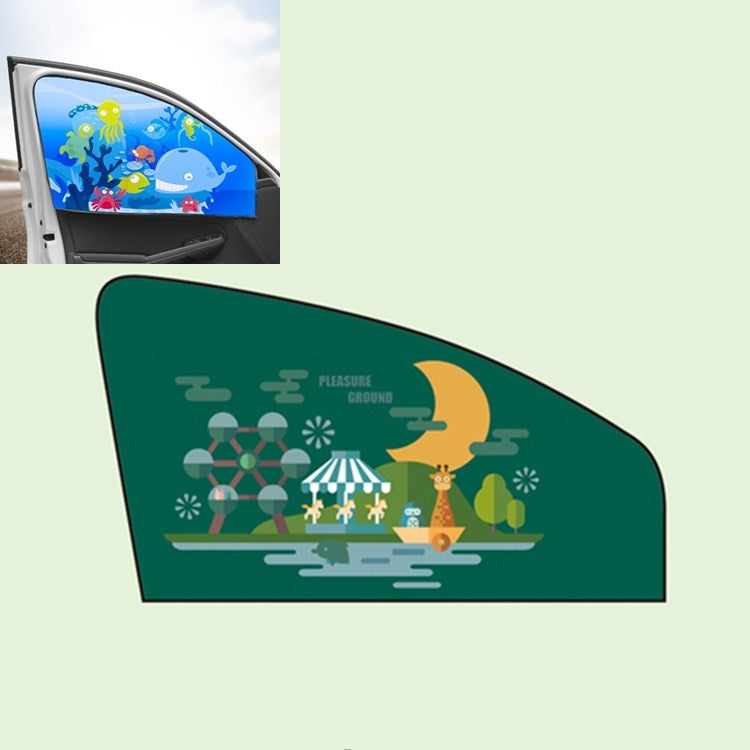 Amusement-park themed green magnetic car sunshade with carousel and stage graphics.