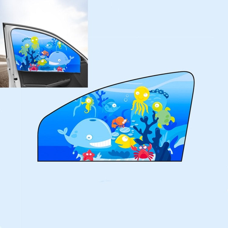 Blue car sunshade with cartoon ocean animals, whale and octopus
