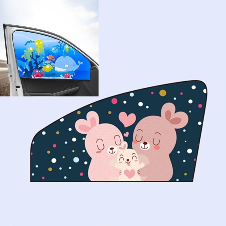 Dark car sunshade with cute pink bunny family illustration and star dots