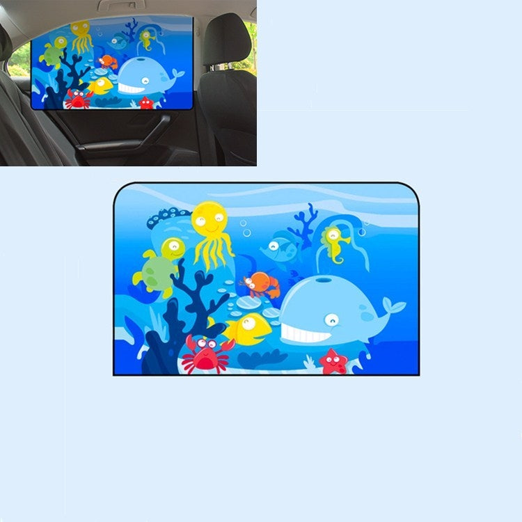 Blue ocean-themed car sunshade with whale, fish, and coral illustrations
