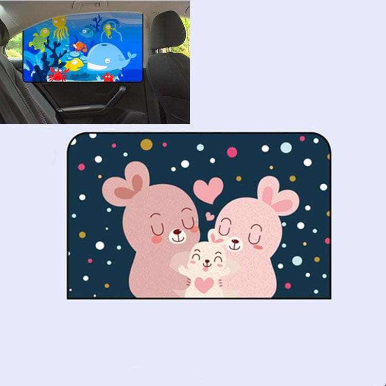 Dark car sunshade with cute pink bunnies, hearts, and colorful confetti dots