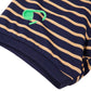 Plastic pin mark clips attached to striped sweater cuff, navy and tan stripes