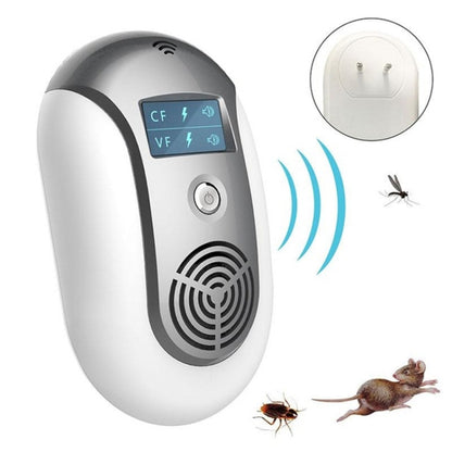 Ultrasonic pest repeller with LCD control panel and front speaker grille, grey
