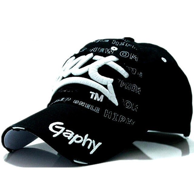 Black baseball cap with white embroidered letters and Graphy script on front