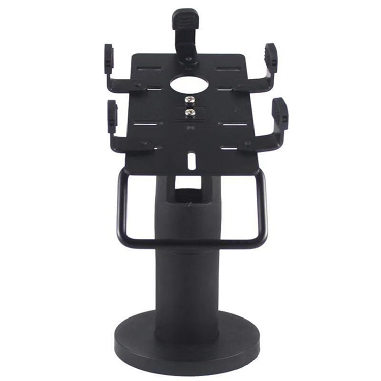 Black POS terminal bracket stand with circular base and top mounting clamp plate