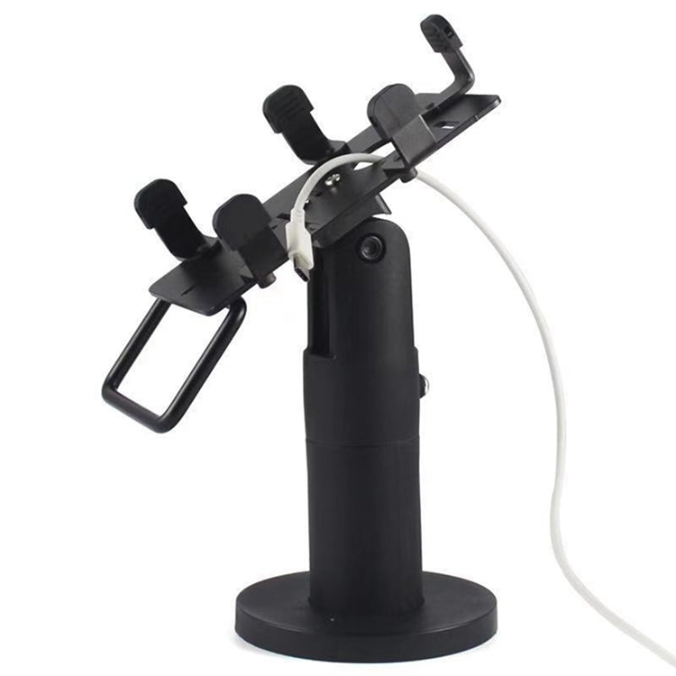 Black POS stand with swivel clamp arms and tall pedestal base