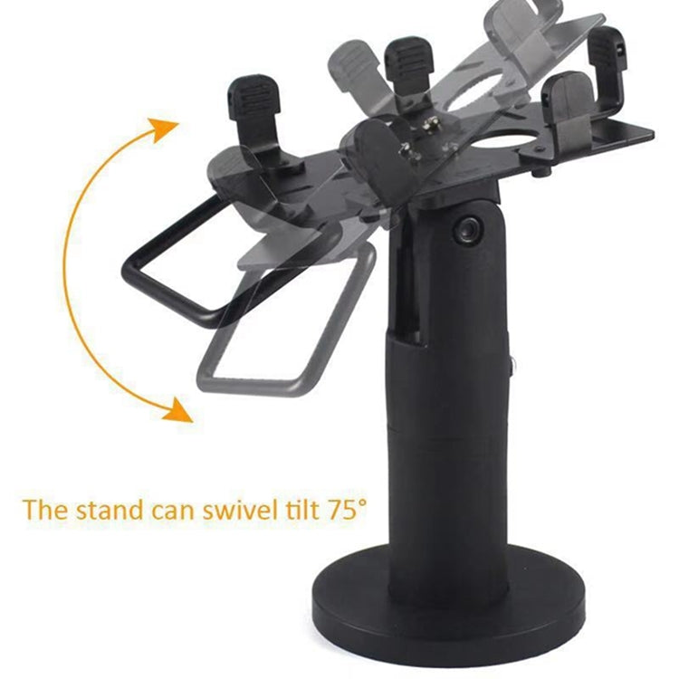 Black adjustable POS stand with tilting mounting clamp arms and round base