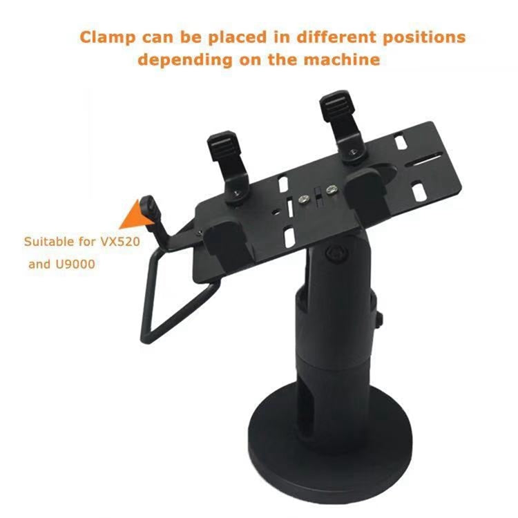 Black POS machine bracket stand with multi-position clamp mount and pedestal base