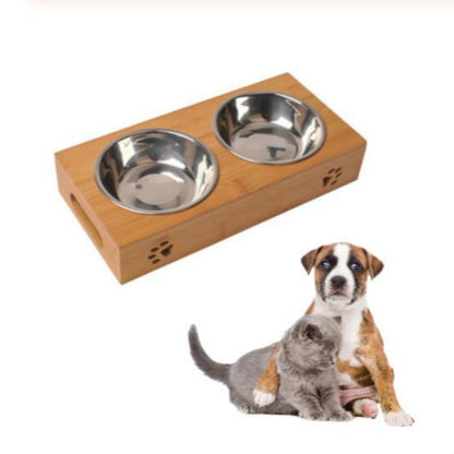 Bamboo pet feeding and water bowl set with two stainless steel bowls
