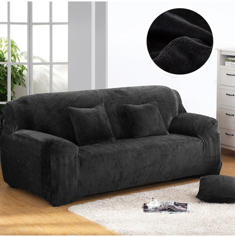 Black plush sofa slipcover, thick fitted elastic cover with cushion and armrests
