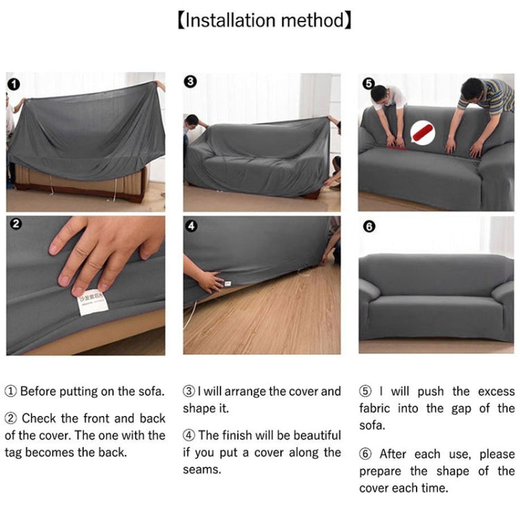 Sofa cover installation instruction photos showing covering and tucking steps
