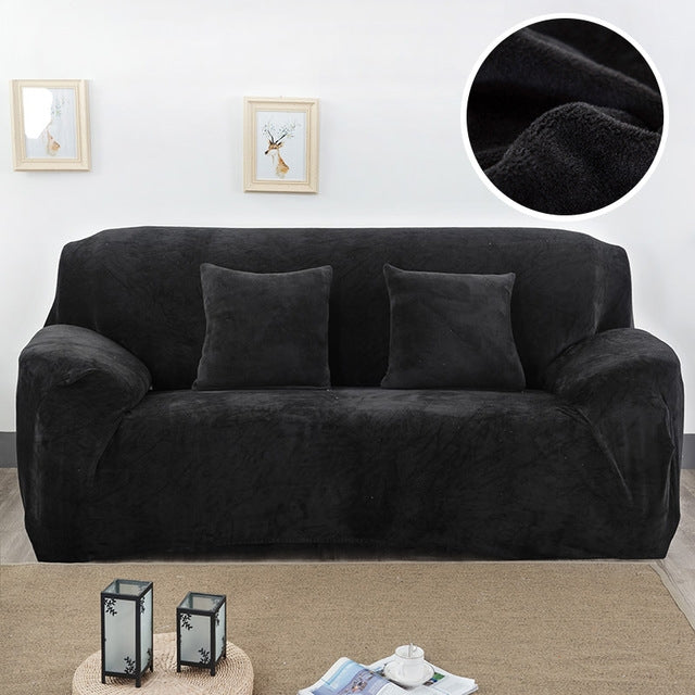 Plush sofa cover in black, thick elastic slipcover with cushion covers and arm wraps