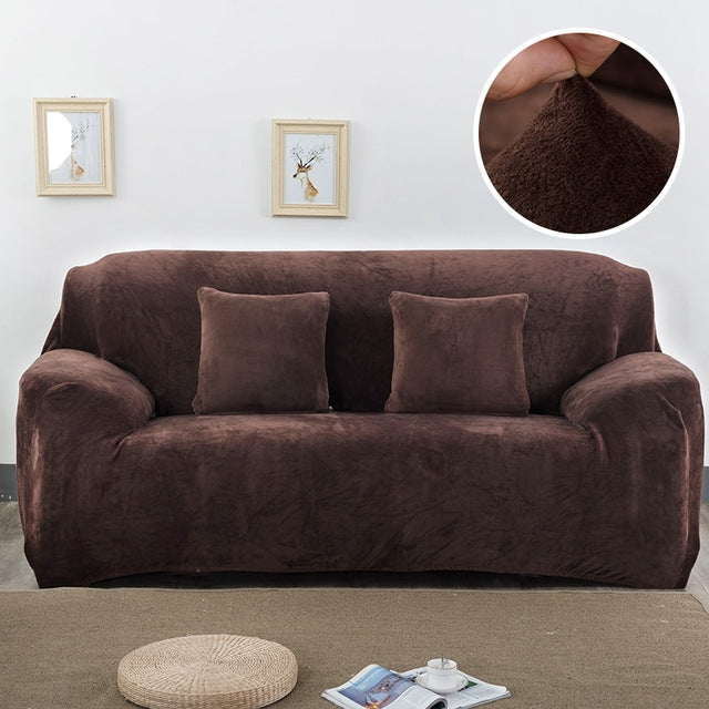 Plush sofa cover in dark brown, thick elastic slipcover with cushion covers and arms